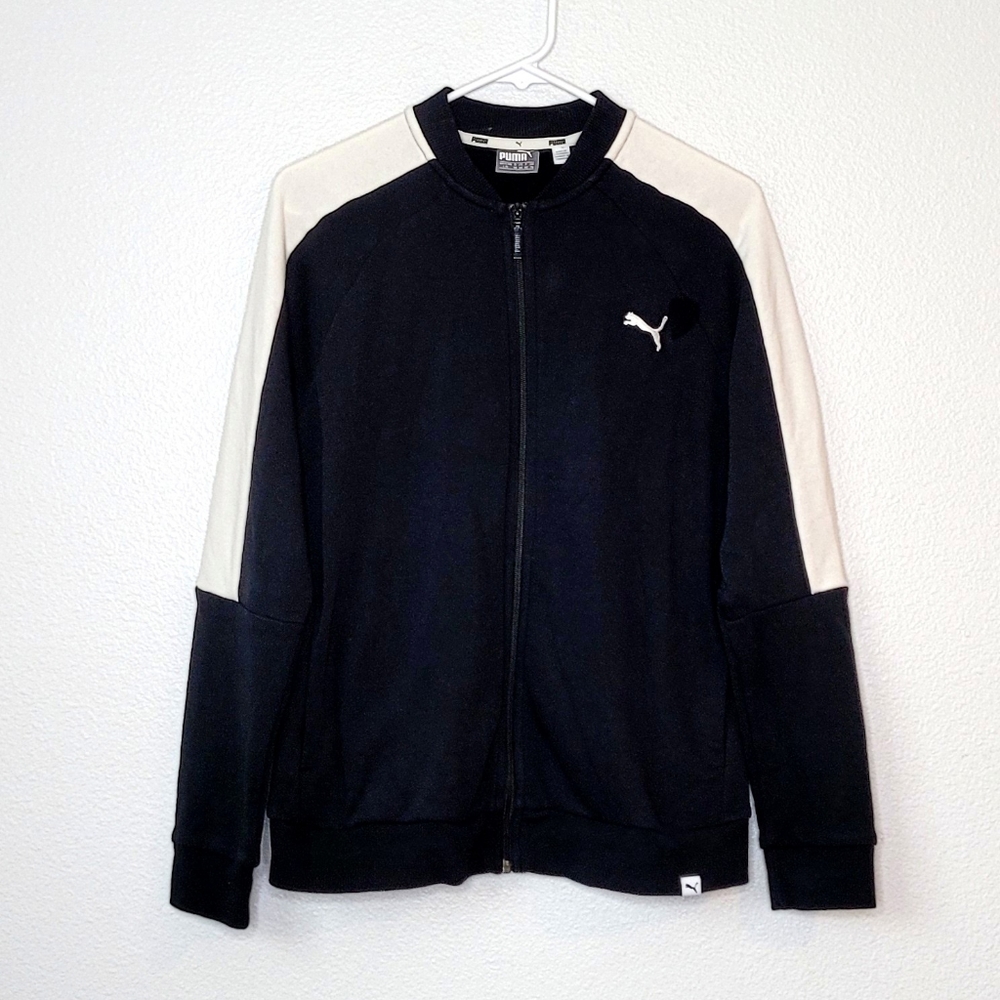 PUMA French Terry Track Jacket Womens Size L Raglan Sleeve Black White Logo